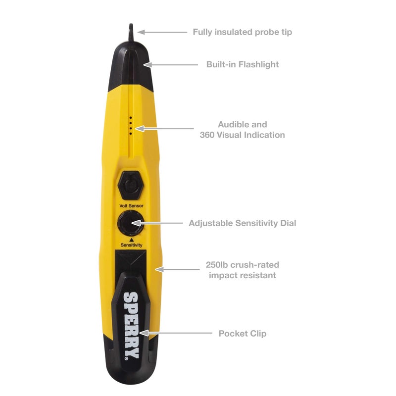 Sperry Instruments VD6509 Adjustable Non-Contact Detector with Flashlight, cETLus Listed, 1, 5 Clams/Master Voltage Tester, yellow - Image 5